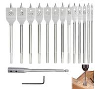 15 Pcs Spade Drill Bit Set, 6-25mm Spade Wood Bits Set with Extension Rod and L-Shaped Wrench, Carbon Steel Heavy Duty Flat Wood Bit Sets for Woodworking Plastics Chipboard Cuts