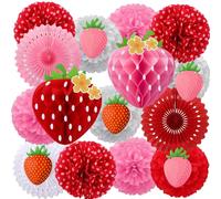 15 Pcs Strawberry Paper Fan Tissue Pom Poms Party Decorations, Strawberry Honeycomb Ball Garland Berry Banner Decor for Birthday, Baby Bridal Shower, Berry First Sweet Party Decorations Supplies