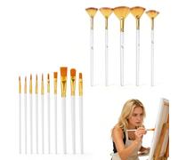 15 Piece Artist Brush Set with Fan & Flat Brushes - Nylon Bristles & Long Wooden Handle - White Painting Brush Set for Acrylic, Oil & Gouache - Perfect for Beginners & Professionals