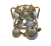 15 Piece Coffee/Tea Set with Stand, Cups, Saucers and Jugs Gold and White Design