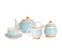 Nicola Spring 15pc Tea Set - Blue - 6-Person Dining Set Hand Printed Floral Pattern Teapot Teacups & Saucers Sugar Storage Pot and Milk Jug for Breakfast, Lunch, Tea Parties
