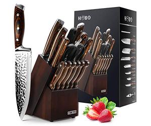 15-Piece Japanese Chef Knife Set with Sharpener, Block Wooden, HOBO Japan High Carbon Stainless Steel Boxed Kitchen Knife, Color Wooden Handle