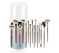 15-piece Makeup Brush Set with Case, Dense Synthetic Fiber Premium Metal Ferrule Wood Handle Kabuki Brushes, Gifts for Her (15 champagne brushes + buckets)