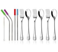 15-Piece Silverware Set - Stainless Steel Toddler Kids Utensils, 3 Forks, 3 Spoons, 4 Straws with Silicone Tips and Brush