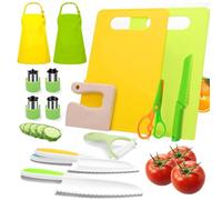 15 Pieces Kitchen Knife Set-Kids Montessori Kitchen Set Cooking Sets Real-Toddler Safe with 2 Aprons Plastic Toddler Safe Knife Crinkle Cutter Kids Cutting Board Birthday Gift 3-8 Year Old