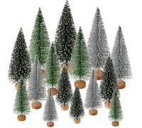 15 Pieces Mini Christmas Trees, Artificial Miniature Christmas Trees with Wooden Base, Small Pine Tree Plastic Winter Snow Ornaments Tabletop Trees for Christmas Party Home Table Craft Decor