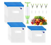 15 Pieces Reusable Food Vacuum Sealers Bags with 1Handheld Pump Sous Vide Bag Kit Portable Vacuum Set 3Size Sealed Freezer Bag 5Sealing Clips 4Green Cooking Tongs Meat Vegetables Food Sandwich Storage
