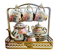 15 Pieces Vintage Floral Porcelain Tea Set for 6 with Gold Trim, Includes 1100ml Teapot, 220ml Cups & Saucers, Creamer, Sugar Bowl and Display Storage Stand, Perfect for Afternoon Tea, Gift (Rose)