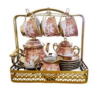 15 Pieces Vintage Floral Porcelain Tea Set for 6 with Gold Trim, Includes 1100ml Teapot, 220ml Cups & Saucers, Creamer, Sugar Bowl and Display Storage Stand, Perfect for Afternoon Tea, Gift (Pink)