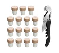 15 Pieces Wooden Stoppers and 1 Multifunctional Bottle Opener, Wine Bottle Sealing Stopper, Wine Bottle Accessories, Metal Bottle Opener, Reusable Wine Bottle Stopper