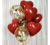 15 Ruby Red Latex Heart Balloons and Gold Confetti Balloons, Red Heart Wedding Balloons, Decorations, Valentine’s Day Balloons, Romantic Theme.