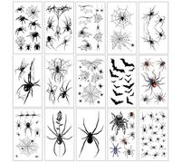 15 Sheets Halloween Spider Web Temporary Tattoos - Bat Spider Web Fake Tattoos, Realistic Tattoos Sticker for Halloween, Parties, Festivals, Waterproof & Long-Lasting Body Art