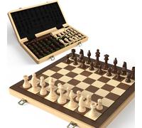 15" Wooden Folding Chess & Checkers Set - 2 in 1 Board Game with 3" King Staunton Pieces and 2 Extra Ladies (Black)