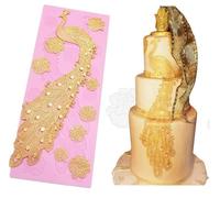 15" x 6" Large Silicone Peacock Pattern Cake Border Decor Embossing Mold, Sugarcraft Pastry Fondant Clay Embossed Mould Cupcake Topper Impression Lace Pad Wedding Cake Texture Decorating DIY