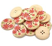 15 x Round Wood 30mm Buttons with Red Colour Flower Design and Green Leafs. for Sewing, Knitting, Card Making, Art - b69