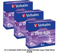 15 x Verbatim DVD+R 8x Double Dual Layer 8.5GB DL Matt Silver Discs Jewel Cased