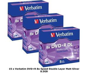 15 x Verbatim DVD+R 8x Double Dual Layer 8.5GB DL Matt Silver Discs Jewel Cased