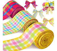 15 Yards Easter Buffalo Plaid Fabric Ribbon 3 Roll 2 Inch Checkered Wired Ribbon Yellow White Pink Gingham Ribbon Blue Turquoise Ribbon DIY Craft Pastel Easter Ribbon for Spring Birthday Baby Shower