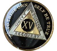 15 Year Classic Black AA Alcoholics Anonymous Medallion Chip Tri Plate Gold & Nickel Plated Serenity Prayer