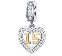 15 Years Old Anniversary Charms fit Pandora DIY Bracelet, 18K Gold Number 15 Dangle, 925 Sterling Silver 15th Birthday Heart Pendant Beads with Birthstones, Gifts for Graduation/Holiday