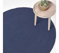 HOMESCAPES Navy Blue Handmade Braided Round Rug For Bedroom & Living Room Reversible Woven Cotton Circular Rug, 150 cm