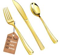 150 Elegant Gold Plastic Cutlery Set - 50 Spoons, 50 Forks, and 50 Knives - Heavy Duty, Washable and Reusable Gold Cutlery Tableware for Birthdays, Party, Weddings and Events