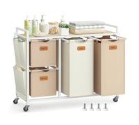 150 L Laundry Hamper with 4 Compartments, Natural Beige + Camel Brown + Cream White