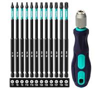 150 mm Torx Bits Set Long with Handle Hakkin 13-Piece Bit Set for Cordless Screwdrivers 1/4 Inch Screwdriver S2 Torx Screwdriver Bit Set with Hole T7, T8, T9, T10, T15, T20, T25, T27, T30, T40