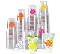 150 Pack Hawaii Laua Cups 12 oz Clear Plastic Tropical Cups Hawaii Hibiscus Disposable Drinking Cups with Lids for Beach Hawaiian Luau Party Supplies Drinkware Decorations