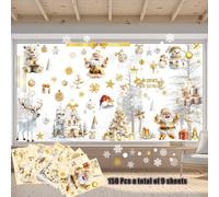 150 Pcs A Total of 9 Sheets Christmas Window Stickers Christmas Decorations for Windows Double 3D Large Christmas Window Sticker with Santa Claus Snowman Reindeer Snowflakes for Windows Christmas