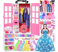 150+ Pcs Doll Clothes and Accessories with Closet (Include Doll),Princess Gowns Dresses,Clothing,Pants,Swimsuits Shoes Hangers and Accessories Doll Dress up Toy Gifts for 3+ Year Old Girls Kid Toddler