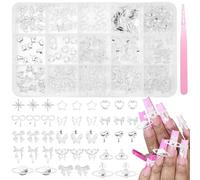 150 Pcs Silver Bows Nail Charms, 15 Styles Planet Star Butterfly Bow Heart Crown Alloy Nail Silver Charms Mix Y2K Nails Jewels Gems for Nails Art Supplies DIY Manicures