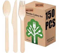 150 PCS Wooden Cutlery Set | Premium Quality 50 Spoon,50 Forks,50 Knives for Outdoor, Party & More- Disposable Cutlery Set Birchwood