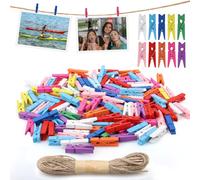 150 Pieces Colored Wooden Mini Pegs, 3.5cm Pegs with 10m Jute Cord, Small Clamps for Hanging Photos Postcards, DIY Decoration for Home, Wedding, Birthday