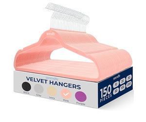 150 Pieces Velvet Hangers - Space Saving Heavy Duty Slim Suit Clothes Hanger Set with 360 Degree Swivel Metal Hook, Can Hold Up to 10 Lbs. For Coats, Jackets, Pants & Dress (Pink)