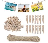 150 Pieces Wooden Mini Pegs, 3.5cm Pegs with 10m Jute Cord, Small Clamps for Hanging Photos, Postcards, Clothes, DIY Decoration