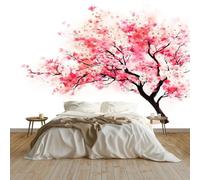 150 x 105 cm Photo Wallpaper Watercolor Plants Cherry Blossom Trees, Non-Woven Premium Art Print Fleece Wall Mural Decoration, White Wallpaper Mural Wall Art for Living Room Bedroom Children's Room