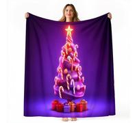 150 x 200 cm Flannel Fleece Throw Blanket - Purple Decorative Blankets, Soft Cozy Warm 3D Christmas Tree Candy Canes Print Blankets for Bed Couch Sofa Office