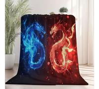 150 x 200 cm Fleece Blanket for Chair Sofa Couch, Blue Red Sherpa Blanket Fantasy Dragon Flame Themed Fuzzy Soft and Light Bed Throw Blankets for Men Women