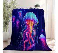 150 x 200 cm Printed Flannel Blanket - Dark Purple Printed Pattern Throw Blankets Soft Plush Nap Blanket for Sofa Bed Kids Adults, Dreamy Watercolor Jellyfish Illustration Design