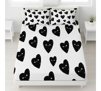 150 x 200 x 30 Bedding Soft White Fitted Sheet with Heart Graffiti Black Lines Deep Pocket Modern Minimalist Romantic Fitted Sheet Creative Fun for Couples Women