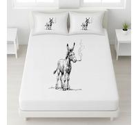 150 x 200 x 30 Deep 30 cm Fitted Sheet Old Donkey Smoking Black Ink Line Art Bedding Minimalist Artistic Easy Care Bedding Fun Humorous Fade Resistant for Girls & Boys, White