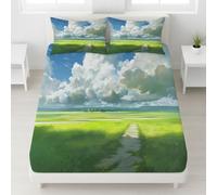 150 x 200 x 30 Soft Bedding Light Green Fitted Sheet Roads Fields Landscape 360° Fully Enclosed Fitted Sheet Animation Cold Washable Healing Serene Nostalgic Fresh for Adults