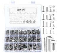 1500 Pcs Hex Socket Screws, Nuts and Washers Assortment Kit, Countersunk Screw, Flat Head Machine Screws, Stainless Steel Cylinder Screws Nuts Washers Set, M2 M3 M4 M5