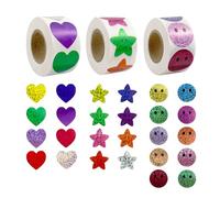 1500 Pcs Shiny Stickers for Children Students Teachers School, Party Bag Fillers for Kids, 3 Rolls Self Adhesive Shiny Reward Stickers, 2.5 CM Motivational Smiley Face Star Heart Stickers