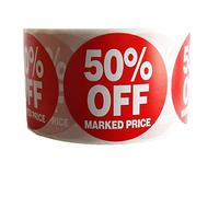 1500 Printed 50 percent Off Marked Price Removable Retail Labels Stickers 45mm Diameter Red Circle Easy Peel Self Adhesive Shop Display For Pricing Tagging Gun