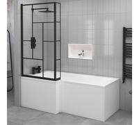 1500 x 850mm Left Hand L-Shaped Shower Bath Square Bathtub with Side & End Panel + Matt Black Abstract Grid Screen & Fixed Return Panel