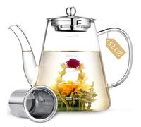 1500ml Glass Teapot, Large Tea Pot with Infuser for Loose Tea and Blooming Tea, Stovetop Safe Tea Kettle with Removable Strainer Hand Crafted Borosilicate Glass Tea Maker with Scale Line, Tea Gift Set