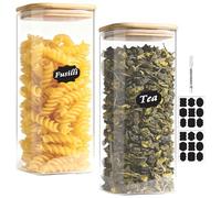 1500ML Set of 2 Square Airtight Glass Jars with Bamboo Lids,Overnight Oats Jars,Tall Large Glass Containers,Fermentation Jar,Cupboards Spice Cereal Pasta Jar Food Storage containers for Kitchen