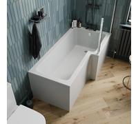 1500mm L Shaped Shower Bath Right Hand Bathtub Glass Screen with Rail Front Side Bath Panel White Acrylic Modern